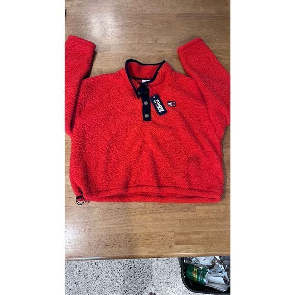 TOMMY JEANS RED FLEECE BLACK TRIM SWEATER PULLOVER TOP JACKET WOMENS SZ XL P1-26 - Picture 2 of 12